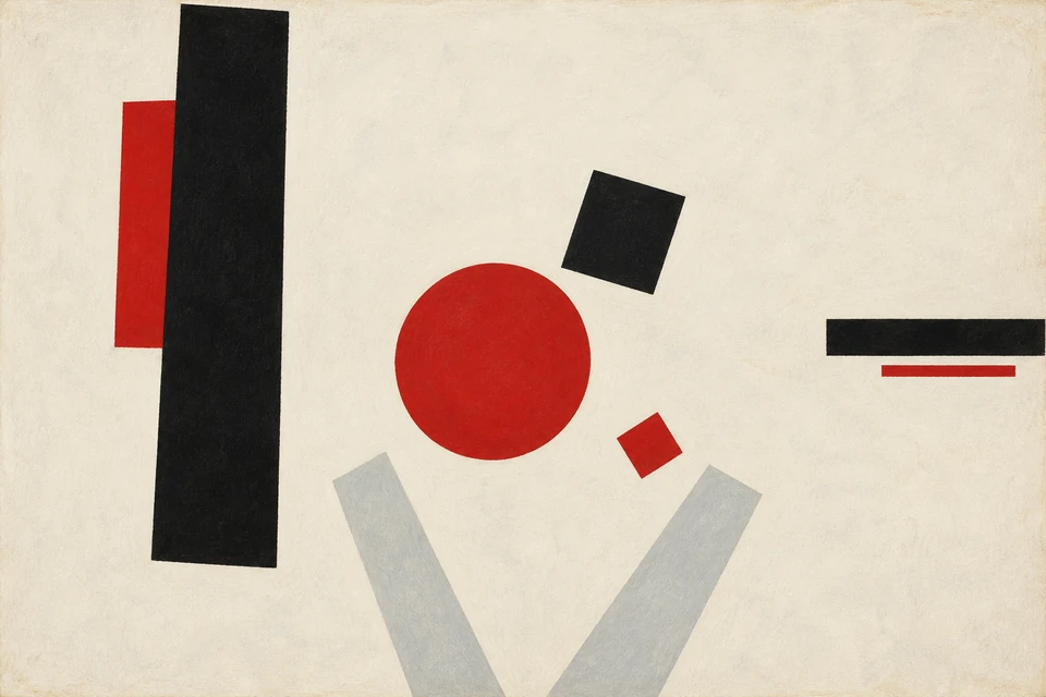 Suprematistische Komposition mit rotem Kreis, hohem schwarzem Rechteck links, waagerechten schwarzen und roten Balken rechts sowie zwei hellgrauen Diagonalen unten.