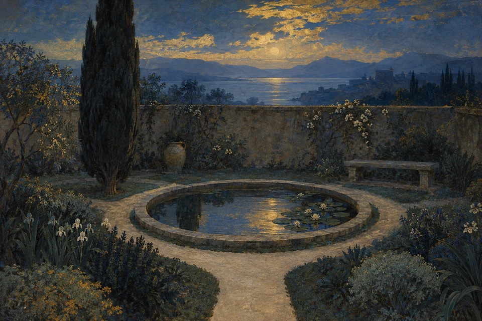 Symbolistisch anmutender nächtlicher Garten in Dunkelblau und Gold mit rundem Wasserbecken, hoher Zypresse und leerer Steinbank.