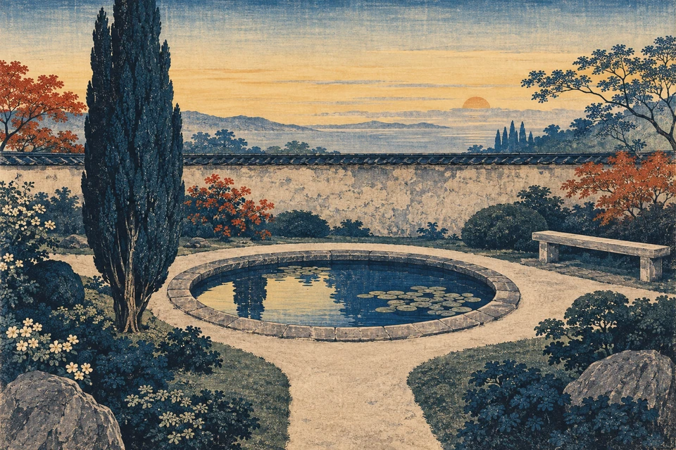 Von Ukiyo-e angeregte Gartendarstellung mit indigoblauer Zypresse links, rundem Teich, heller Bank rechts, roten Laubakzenten und gelbem Himmel.