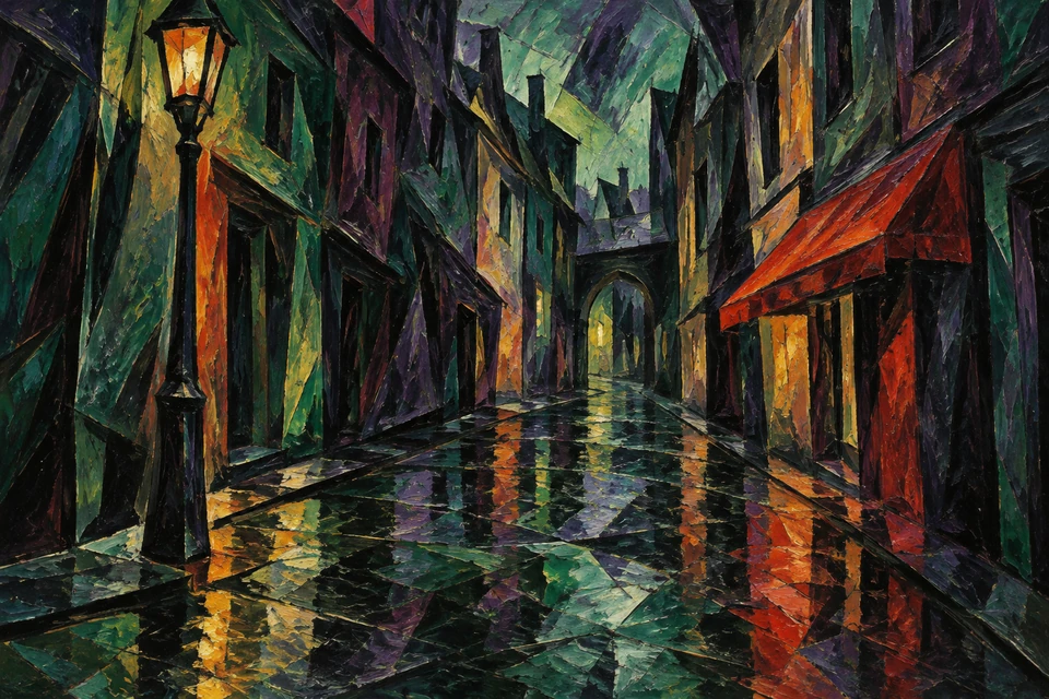 Expressionistische enge Gasse mit schiefen grünvioletten Häusern, hoher Laterne links, roter Markise rechts und kantigen Reflexen auf nassem Pflaster.