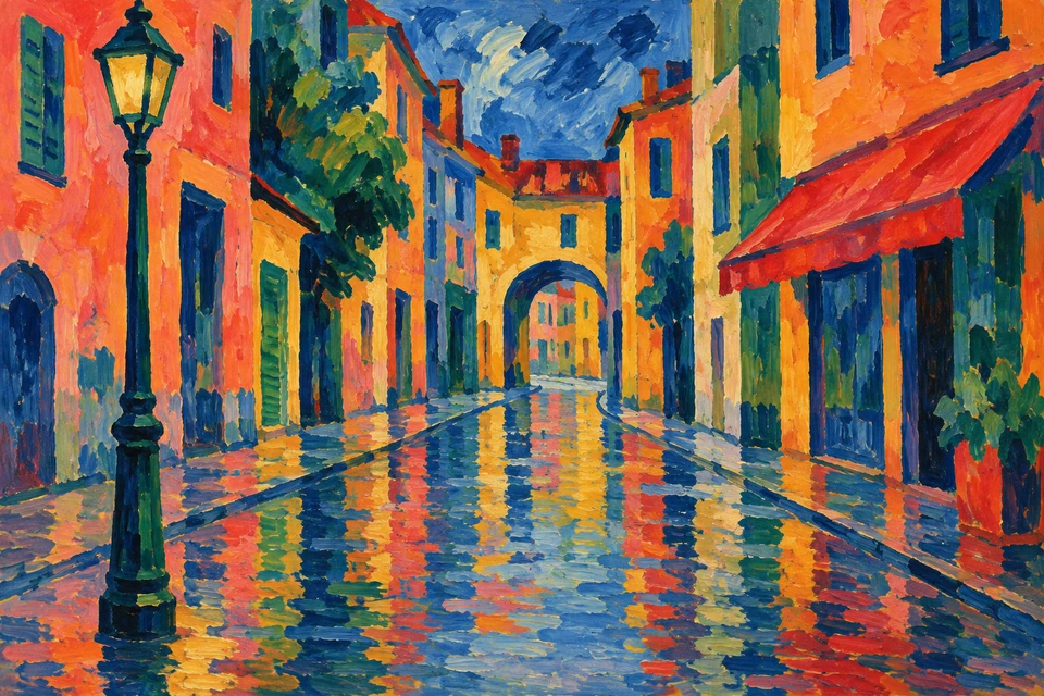 Eine regennasse Gasse in kräftigem Orange, Rot, Gelb, Blau und Grün, mit Laterne links, Torbogen mittig und rotem Vordach rechts.