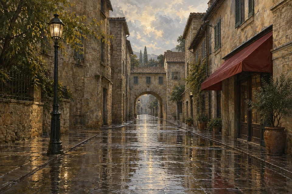 Eine detailreiche regennasse Steingasse mit leuchtender Laterne links, rotem Stoffvordach rechts, Pflanzenkübeln und Spiegelungen auf dem Pflaster.