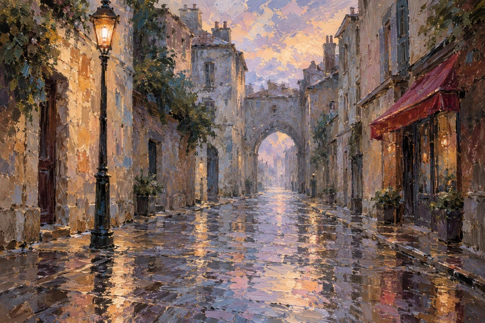 Impressionistische Gasse nach Regen mit hoher leuchtender Laterne links, roter Markise rechts, fernem Torbogen und golden-violetten Spiegelungen auf dem Pflaster.