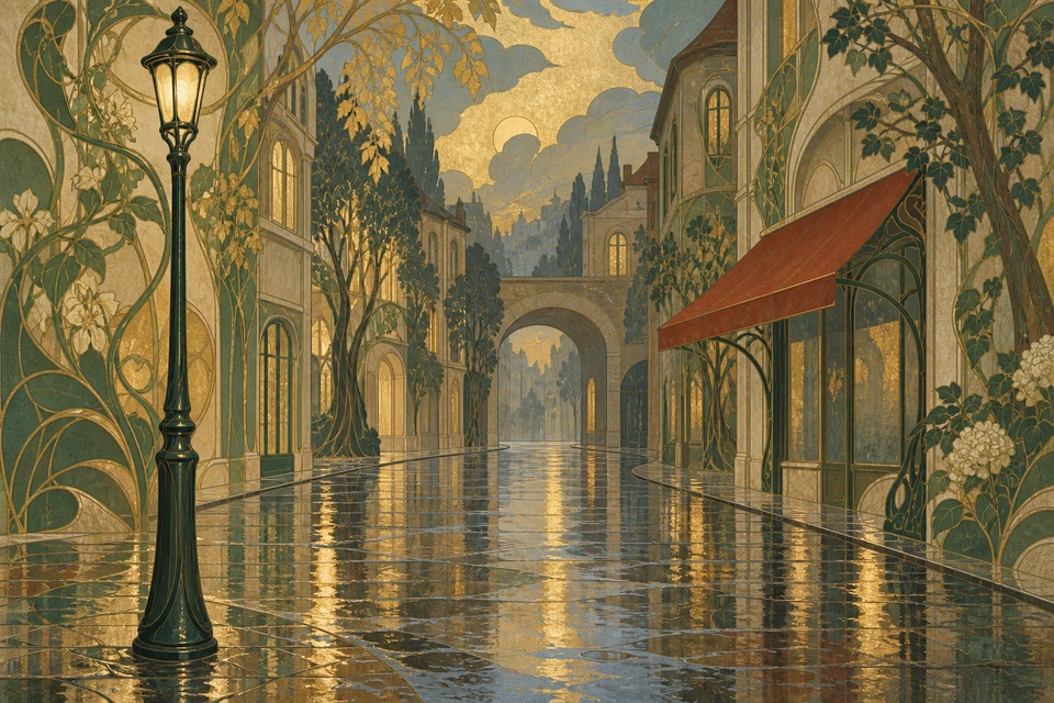 Eine goldgrüne Gasse mit schwarzen geschwungenen Linien, weißen Blüten, einer Laterne links und rotem Vordach rechts.