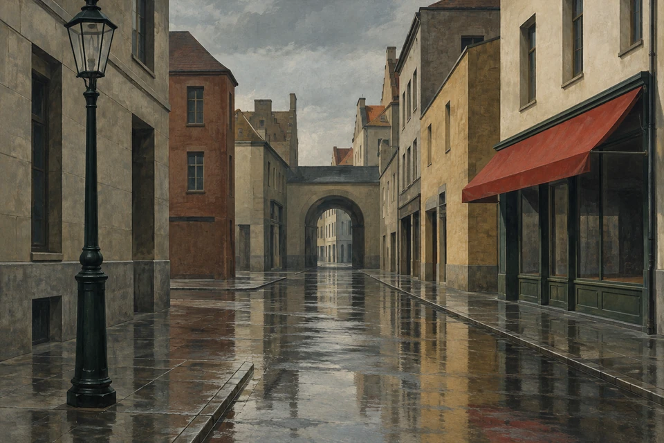 Eine menschenleere regennasse Gasse mit scharf umrissenen grauen und ockerfarbenen Fassaden, Laterne links und rotem Vordach rechts.