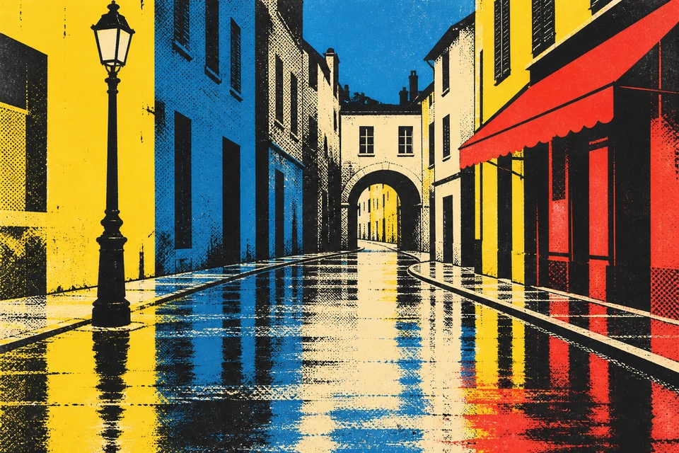 Eine plakatartige Gasse in leuchtendem Gelb, Blau und Rot mit schwarzen Konturen, Rasterpunkten, Laterne links und rotem Vordach rechts.