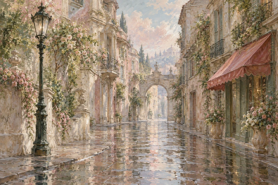 Eine helle rosafarbene Gasse mit blühenden Ranken, verzierten Balkonen, Laterne links, rosa Vordach rechts und geschmücktem Torbogen.