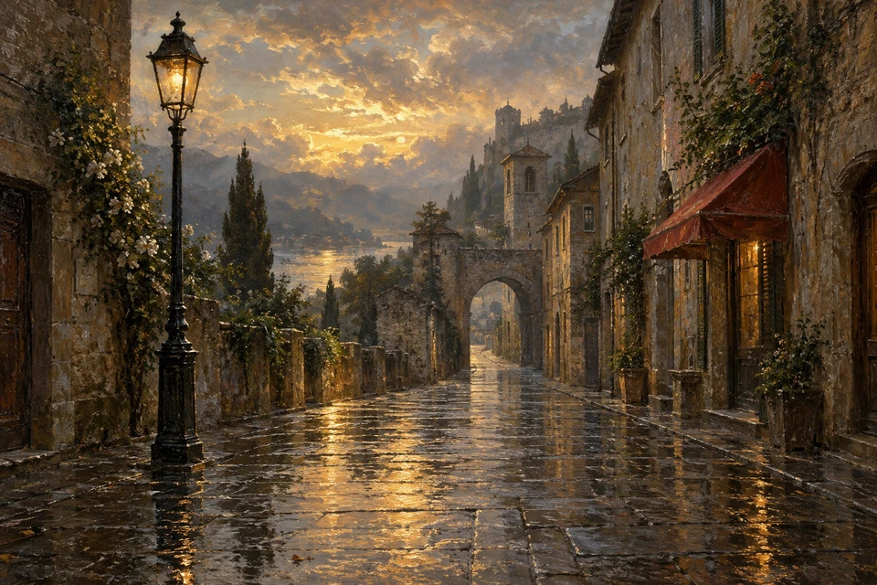 Romantische alte Gasse nach Regen mit hoher Laterne links, roter Markise rechts, fernem Bogen, goldenem Himmel und Blick auf See und Berge.