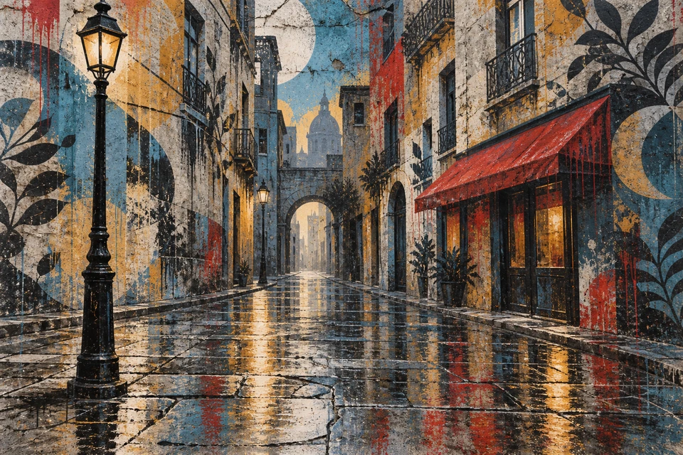 Fiktives Street-Art-Wandbild einer nassen Gasse mit schwarzer Laterne links, roter Markise rechts, Torbogen sowie türkis-ockerfarbenen Flächen und schwarzen Pflanzenmotiven.