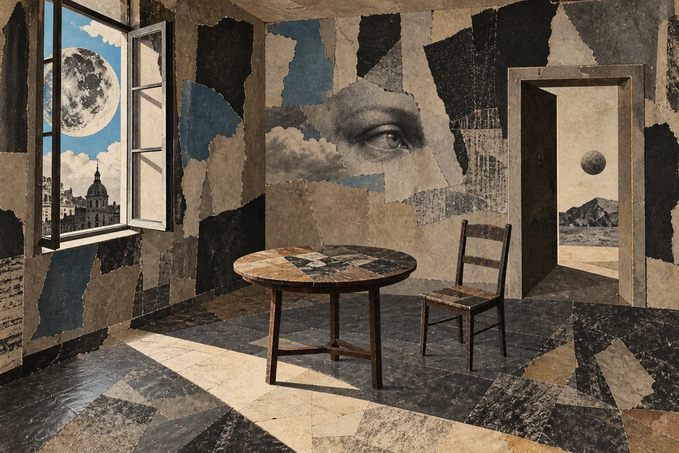 Dadaistische Collage eines Zimmers mit gerissenen blau-schwarzen Papierflächen, riesigem Auge an der Wand, Mond im linken Fenster, Rundtisch, Stuhl und rechter Tür.
