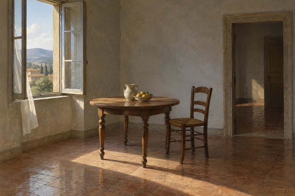 Fotorealistisch angelegte Malerei eines Zimmers mit linkem Fenster und dünnem Vorhang, Rundtisch mit hellem Krug und Obstschale, Holzstuhl und offener rechter Tür.