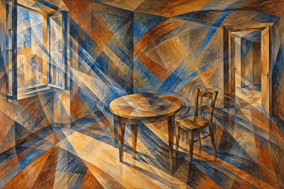 Futuristische Zimmerdarstellung mit kreuzenden blau-orangen Flächen, rundem Tisch mit kreisenden Konturen, mehrfach versetztem Stuhl, linkem Fenster und rechter Tür.