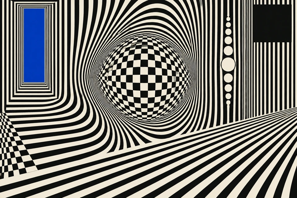 Statische Op-Art-Komposition mit schwarzweißen Streifen, scheinbar gewölbter Schachbrettmitte, hohem blauen Rechteck links und schwarzem Feld rechts oben.