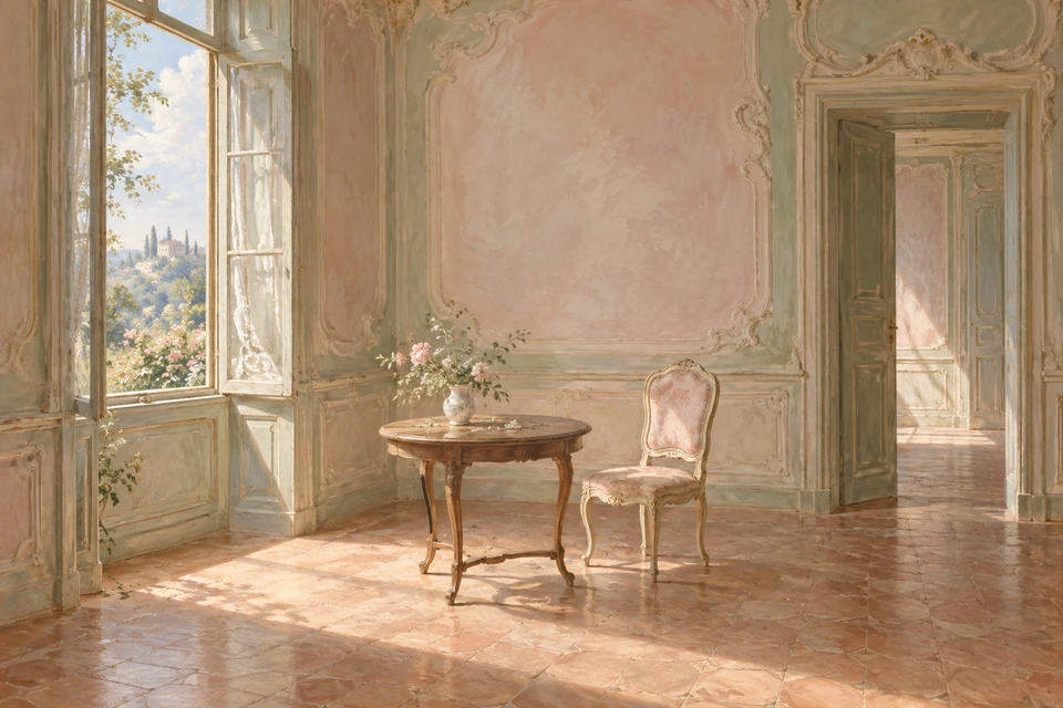 Helles Rokokozimmer mit rosa-grüner ornamentierter Wand, linkem Fenster, kleinem Rundtisch mit Blumenvase, rosa Polsterstuhl und rechter Tür.