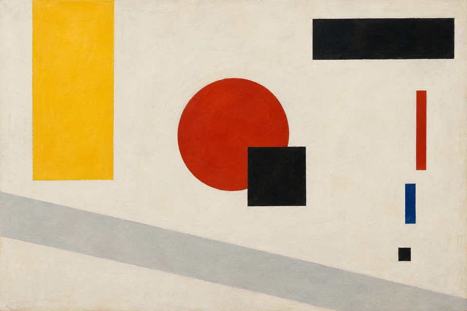 Suprematistische Komposition auf Cremeweiß mit gelbem Rechteck links, rotem Kreis und schwarzem Quadrat mittig, schwarzem oberen Balken und grauer Diagonale unten.