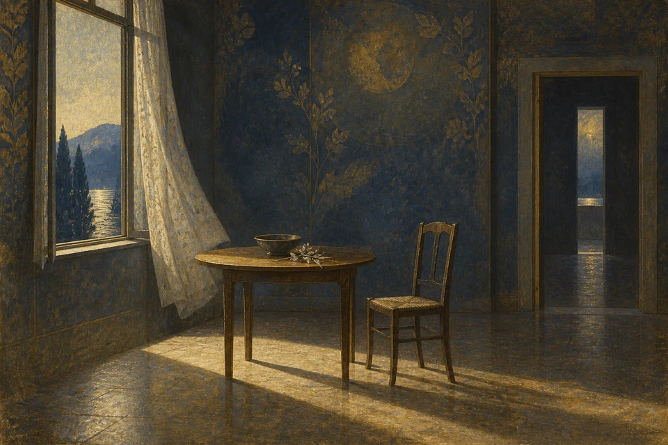 Symbolistisches blau-goldenes Zimmer mit hellem Fenstervorhang, rundem Tisch mit Schale und Zweig, leerem Stuhl und hintereinanderliegenden Türöffnungen.