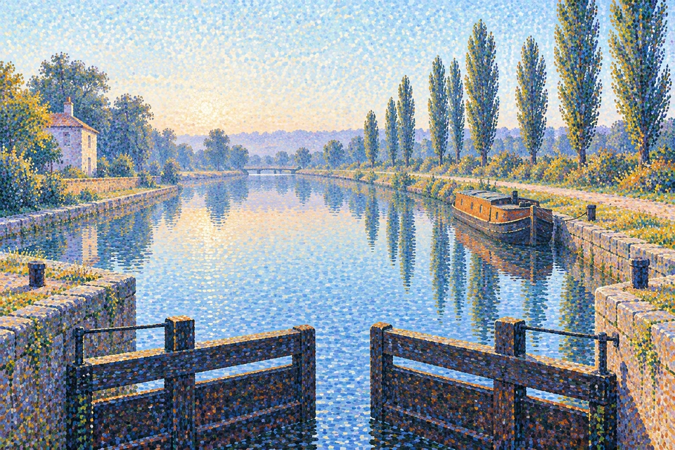 Eine ruhige Schleuse mit zwei hölzernen Torflügeln, einem schmalen Boot und gespiegelten Pappeln im Morgenlicht.