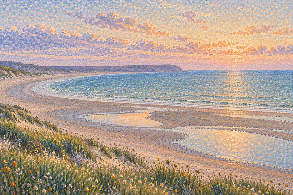 Eine helle Gezeitenküste mit geschwungenem Strand und flachen Wasserbecken vor einem blaugrünen Meer.