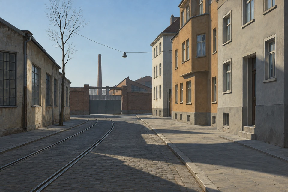 Gepflasterte Straße mit gebogenen Schienen, kahlem Baum, heller Häuserzeile und Fabriktor vor einem Schornstein.