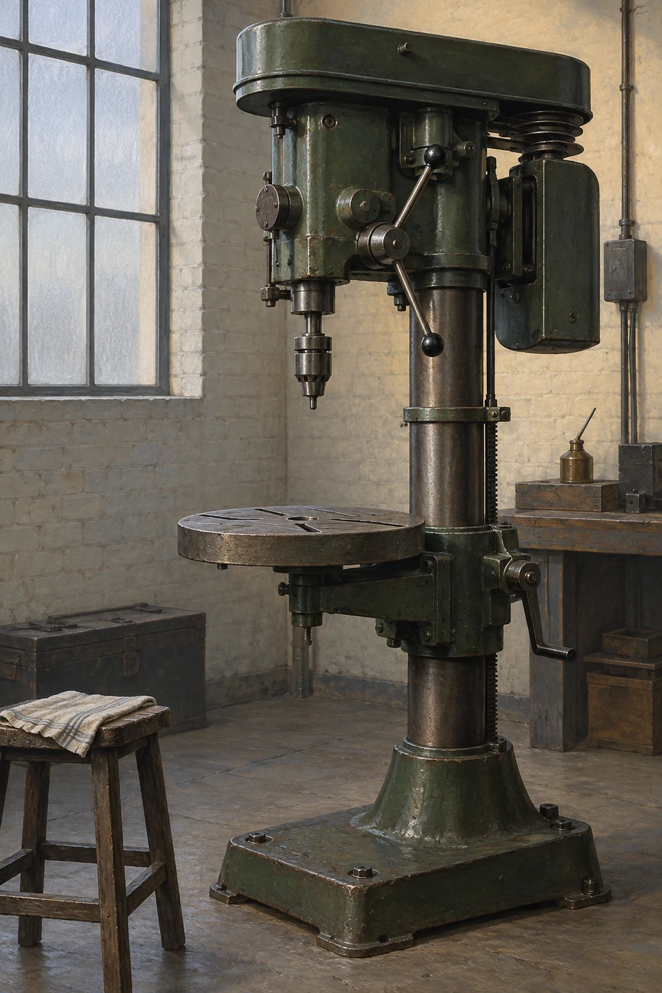 Dunkelgrüne Bohrmaschine mit Säule, Hebeln und rundem Arbeitstisch vor einem Milchglasfenster; links Hocker mit Tuch, rechts Ölkanne.