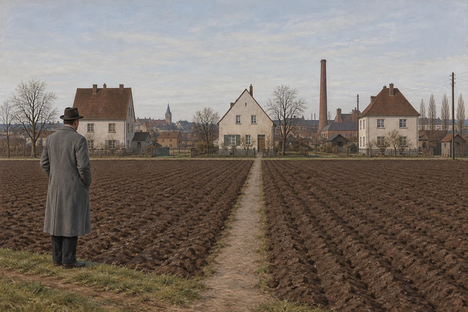 Mann im grauen Mantel von hinten links; braune Ackerfurchen und mittiger Weg führen zu drei hellen Häusern vor einer Stadt mit Schornstein.