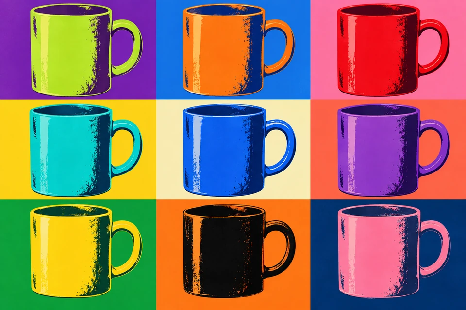 Neun Tassen in drei Reihen mit wechselnden kräftigen Farben, stets mit Henkel rechts; lückenlos aneinandergrenzende farbige Hintergrundfelder.
