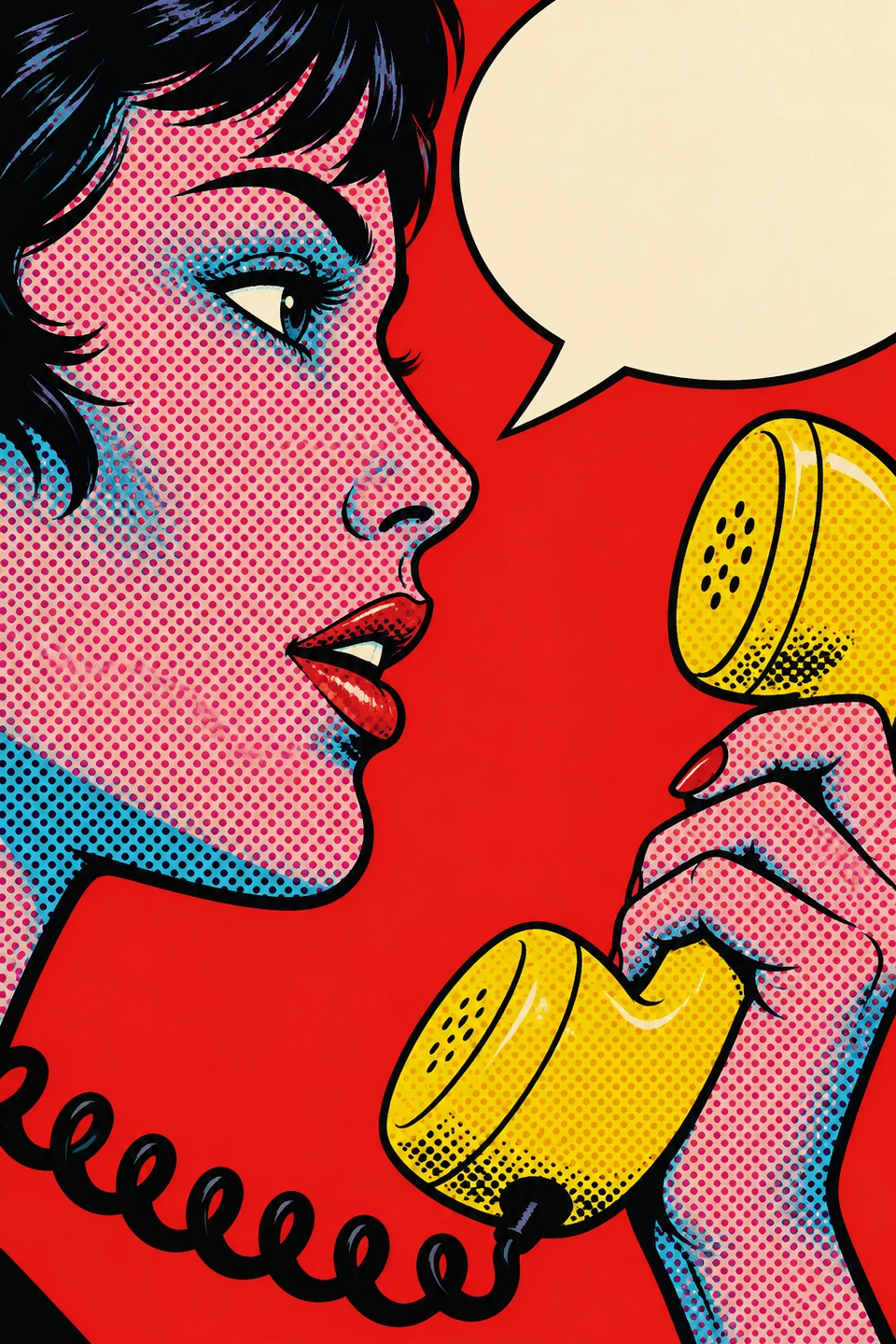 Nahes comicartiges Profil links mit roten und blauen Rasterpunkten; rechts eine Hand am gelben Telefonhörer, oben eine leere Sprechblase vor rotem Hintergrund.
