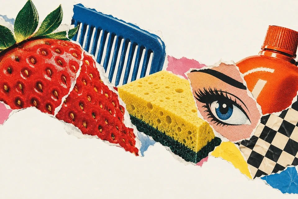 Collageartige Folge aus Erdbeere, blauem Kamm, gelbem Schwamm, Comicauge, orangefarbener Flasche und Schachbrettmuster auf hellem Grund.