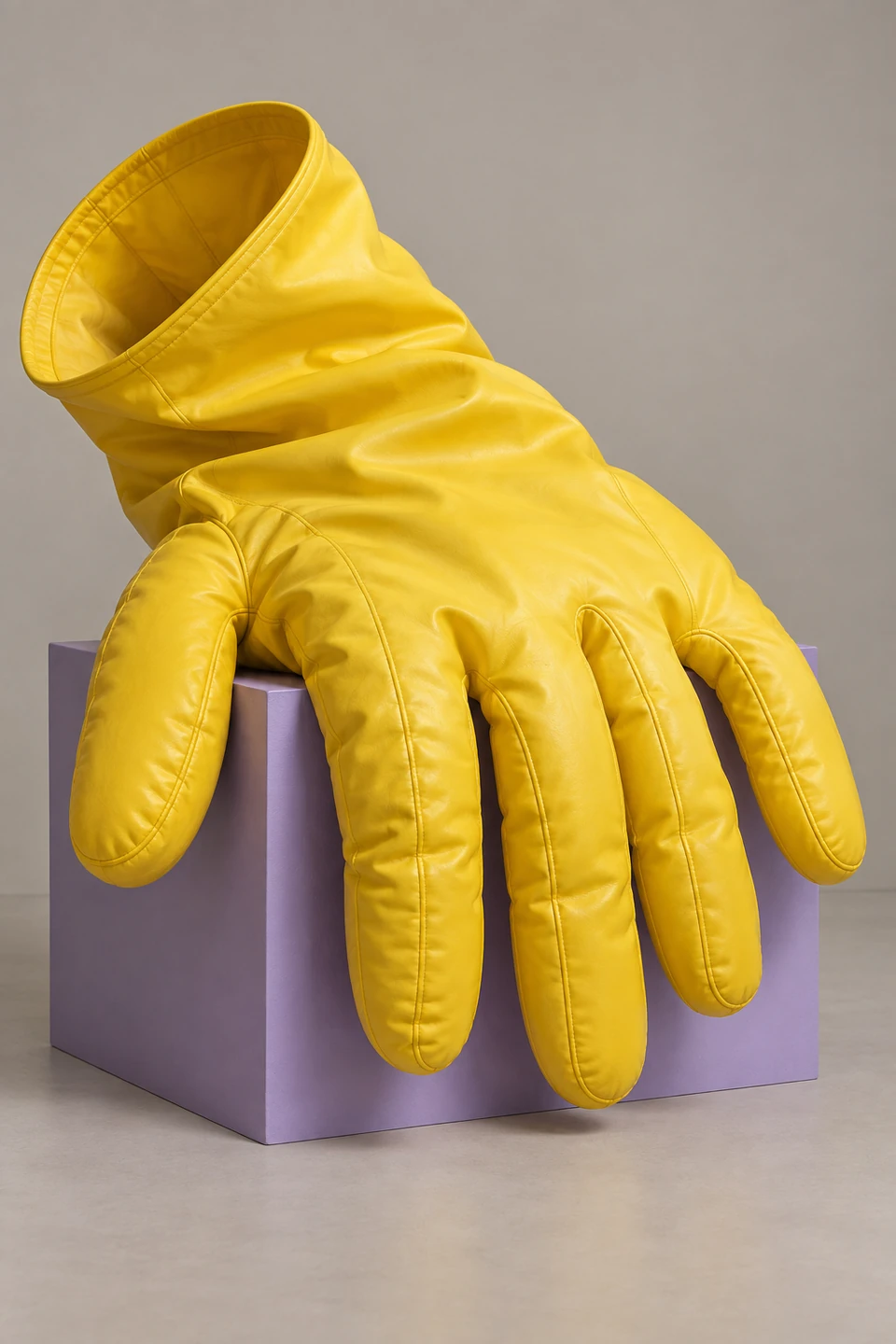 Großer gelber Handschuh mit sichtbaren Nähten und fünf weichen Fingern über einem hellvioletten Quader vor grauem Hintergrund.