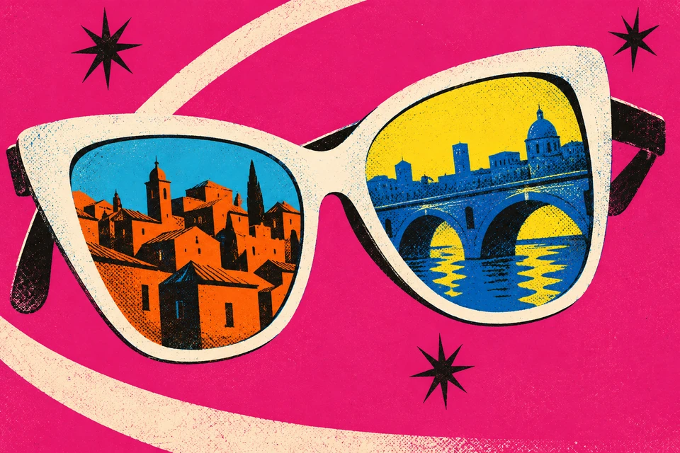 Weiße Sonnenbrille vor Pink mit orangefarbenen Dächern im linken Glas und blauer Brücke im rechten; drei schwarze Sternformen und helle Bögen außen.