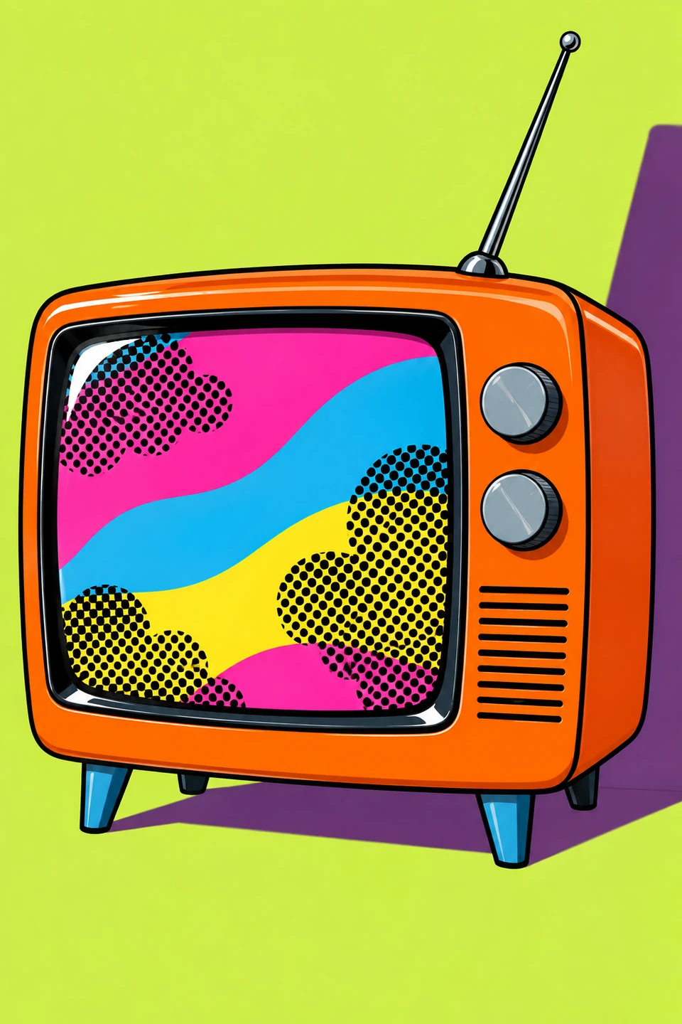 Orangefarbener Kastenfernseher mit schräger Antenne, zwei grauen Knöpfen und blau wirkenden Füßen vor Limettengrün; Bildschirm mit pinken, blauen und gelben Bändern.