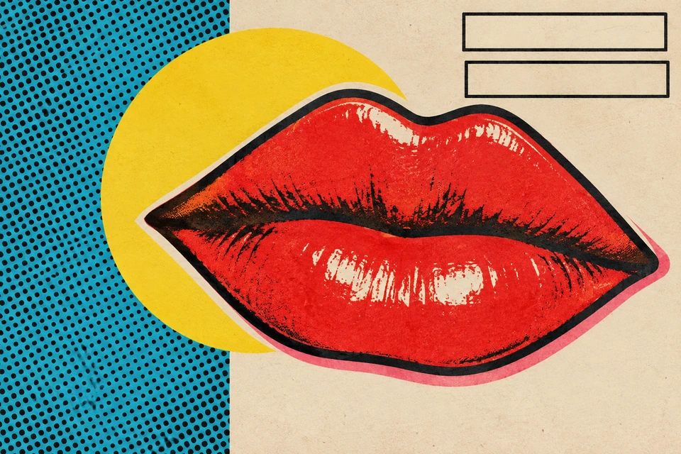 Große geschlossene rote Lippen vor gelbem Kreis und cremefarbenem Grund; links blaues Punktraster, oben rechts zwei leere schwarze Rechteckrahmen.