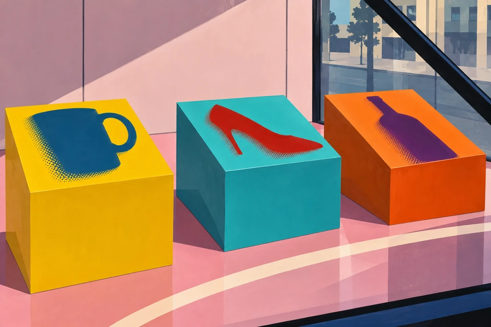Gelber, türkisfarbener und orangefarbener Block im Schaufenster mit blauer Tassensilhouette, roter Schuhsilhouette und violetter Flaschensilhouette auf den Oberseiten.