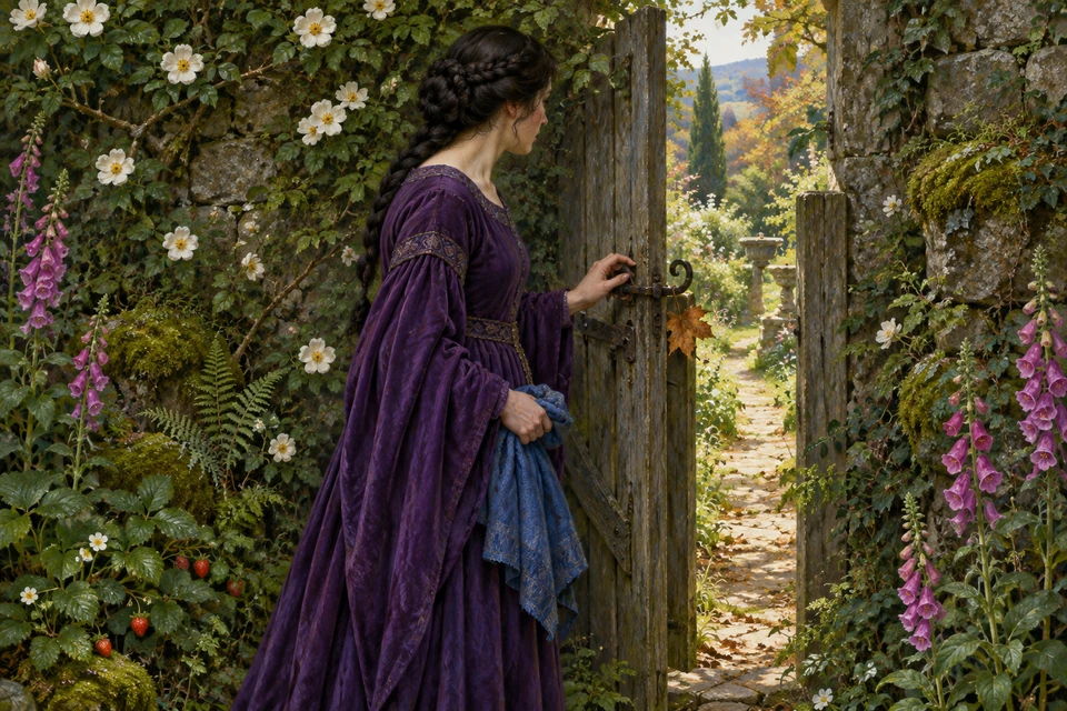 Eine dunkelhaarige Frau im violetten Kleid hält die Klinke eines halb geöffneten Holztores und ein blaues Tuch; dichte Rosen, Farne und Fingerhut umgeben sie.