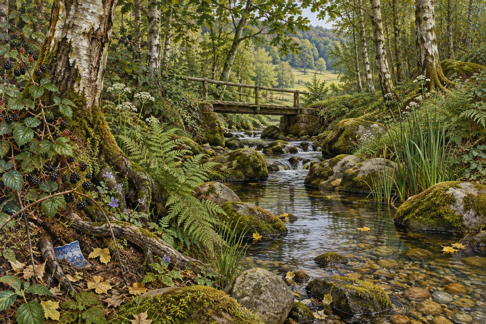Ein Bach fließt zwischen moosigen Steinen unter einer Holzbrücke hindurch; Birken, Farne und Brombeeren säumen das Wasser, links liegt eine blauweiße Keramikscherbe.