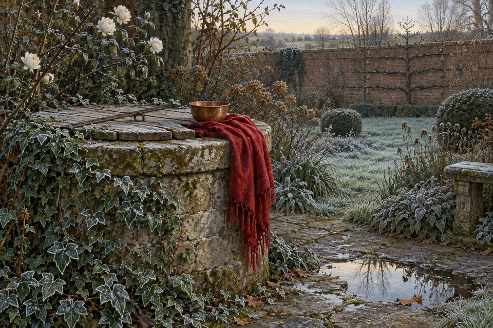 Auf einem abgedeckten Steinbrunnen liegen eine Kupferschale und ein roter Schal; Reif säumt Efeu und Gräser, rechts spiegelt eine Pfütze den Himmel vor einer Gartenmauer.