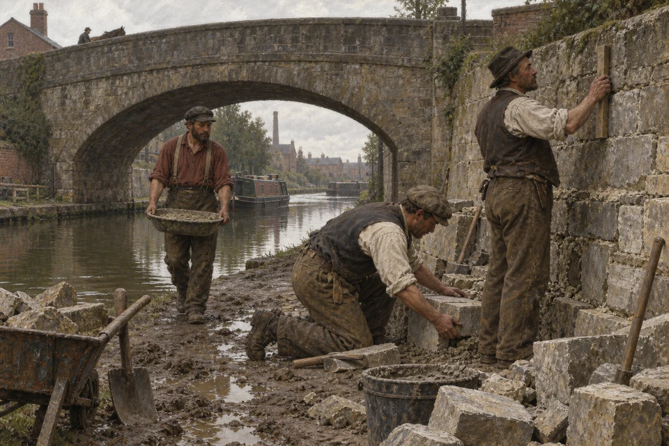 Drei Erwachsene bessern eine Steinmauer an einem Kanal aus: Eine Person trägt Mörtel, eine setzt einen Stein, eine prüft die Mauerfläche.
