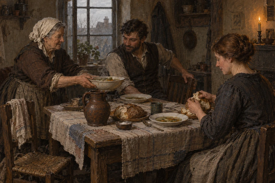 Drei Erwachsene teilen Brot und Suppe an einem kleinen Tisch in einem schlichten Zimmer.