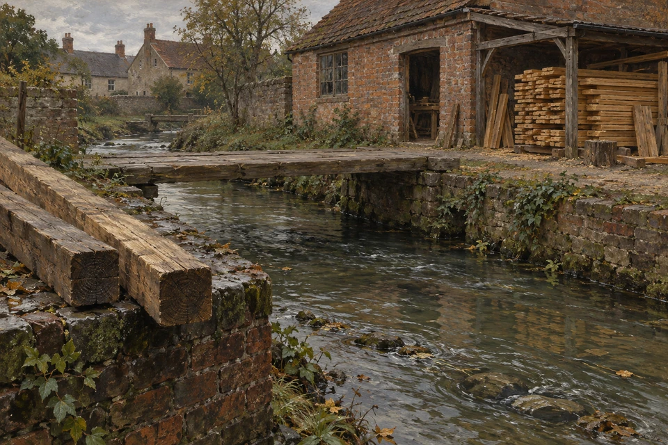 Ein Bach fließt unter einer niedrigen Holzbrücke an einer Backsteinwerkstatt vorbei; auf beiden Ufern liegen Balken und Bretter.