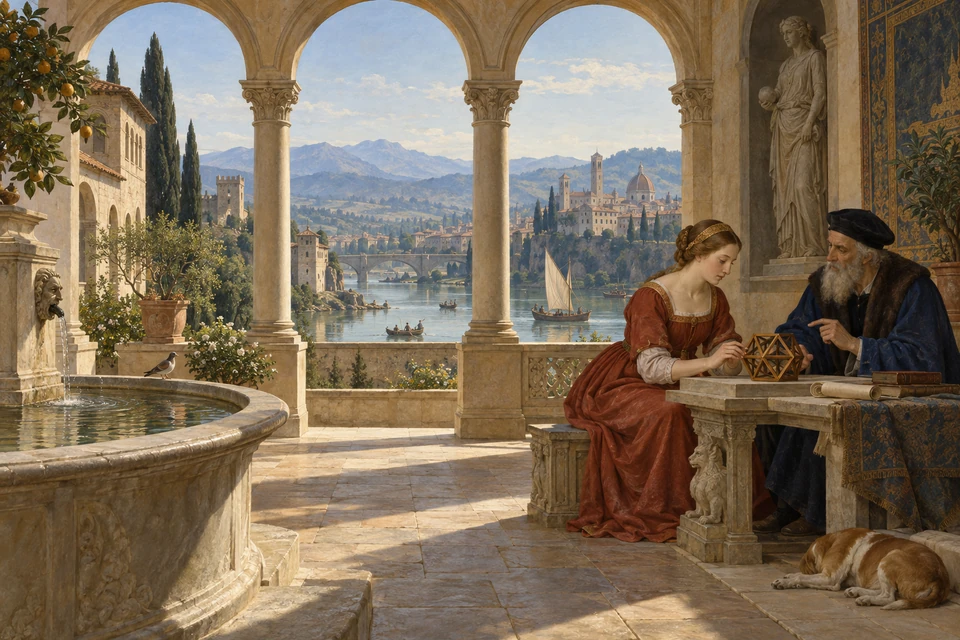 Unter steinernen Arkaden betrachten eine Frau und ein älterer Mann ein geometrisches Holzmodell; links steht ein Brunnen, dahinter öffnet sich eine Flusslandschaft.