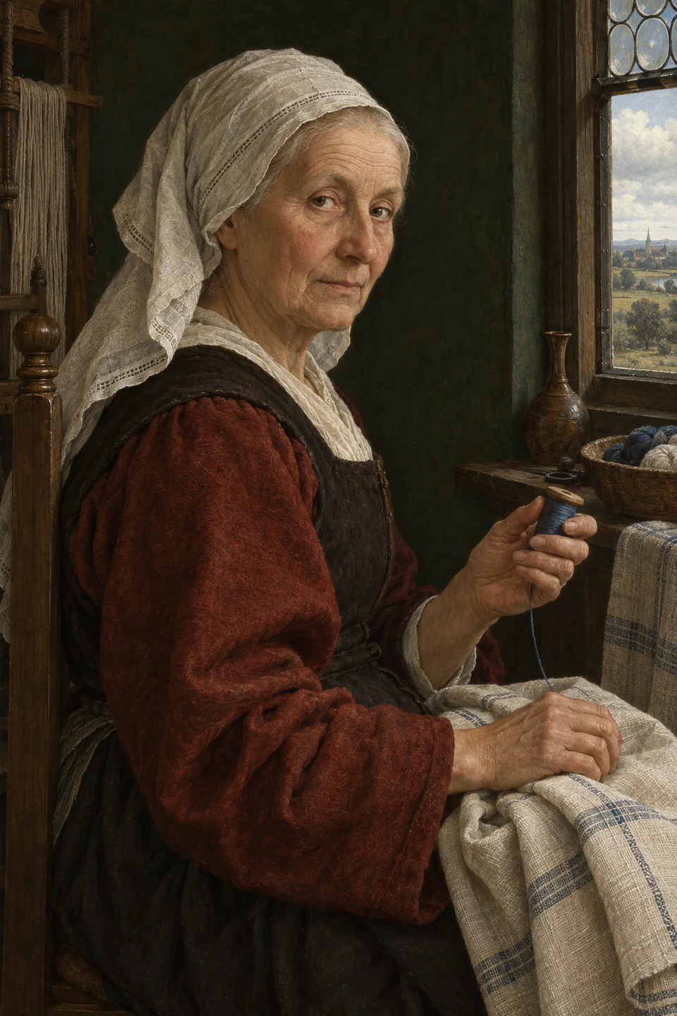 Eine ältere Frau mit heller Leinenhaube hält eine Spule blauen Fadens; ihre andere Hand ruht auf gewebtem Stoff, rechts öffnet sich ein Fenster zur Landschaft.