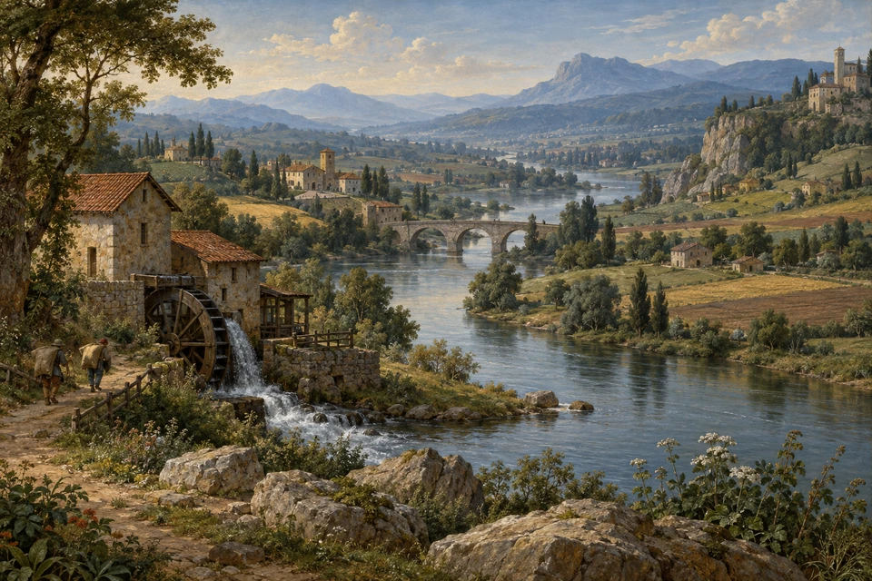 Weite Flusslandschaft mit Wassermühle und zwei Sackträgern links vorn, einer Steinbrücke in der Mitte und gestaffelten blauen Bergen im Hintergrund.