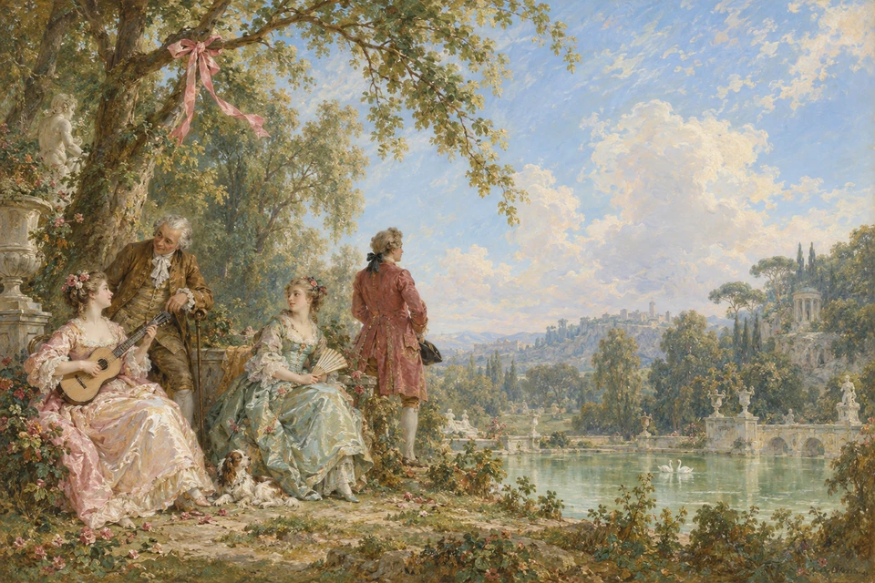 Vier Menschen in hellen historischen Gewändern stehen und sitzen links an einem Parkteich; eine Frau spielt Gitarre, eine hält einen Fächer, ein Mann wendet sich der weiten Landschaft zu.
