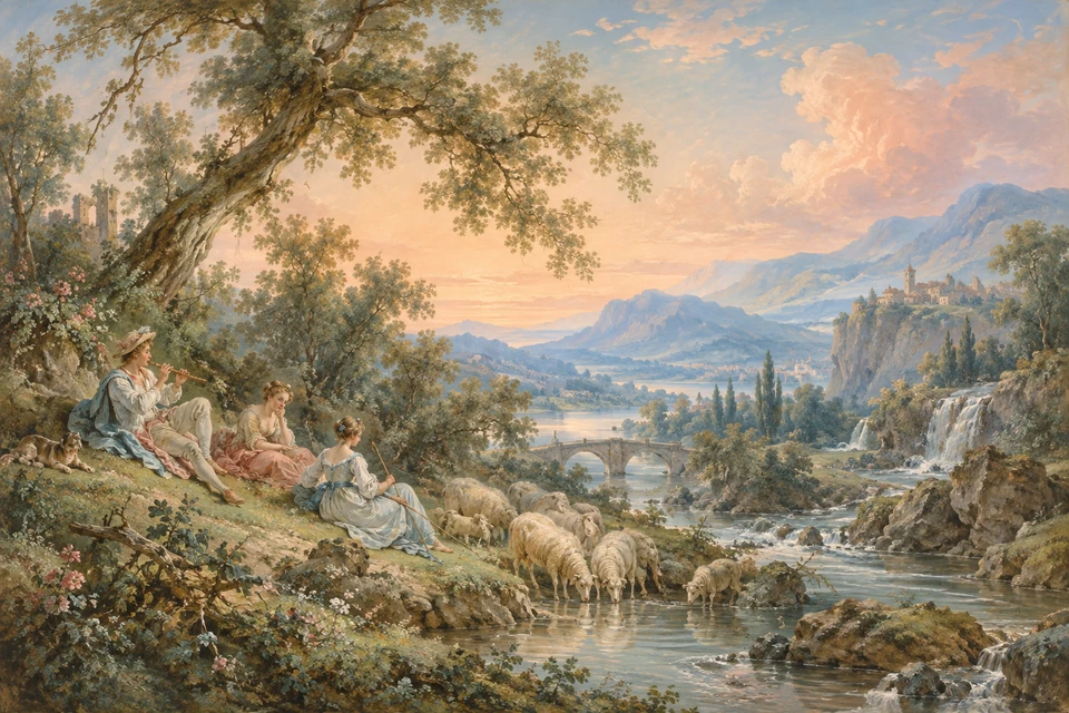 Drei elegant gekleidete Hirtenfiguren sitzen an einem Bach, eine spielt Flöte; Schafe trinken am Ufer, dahinter liegen Brücke, Wasserfall und blaue Berge.