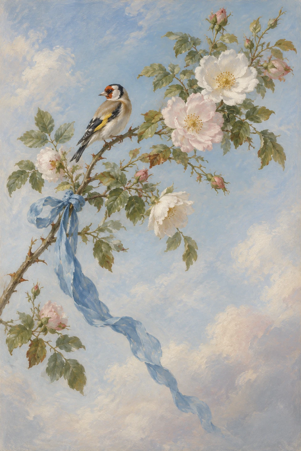 Ein kleiner Stieglitz sitzt auf einem schrägen Rosenzweig vor hellblauem Himmel; weiße und rosa Blüten wachsen nach rechts, ein langes blaues Band fällt nach unten.