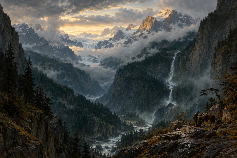 Weite Gebirgsschlucht mit Wolken, Wasserfall und fernem Gletscher; auf einem Vorsprung stehen kleine Reisende bei einem Packpferd.