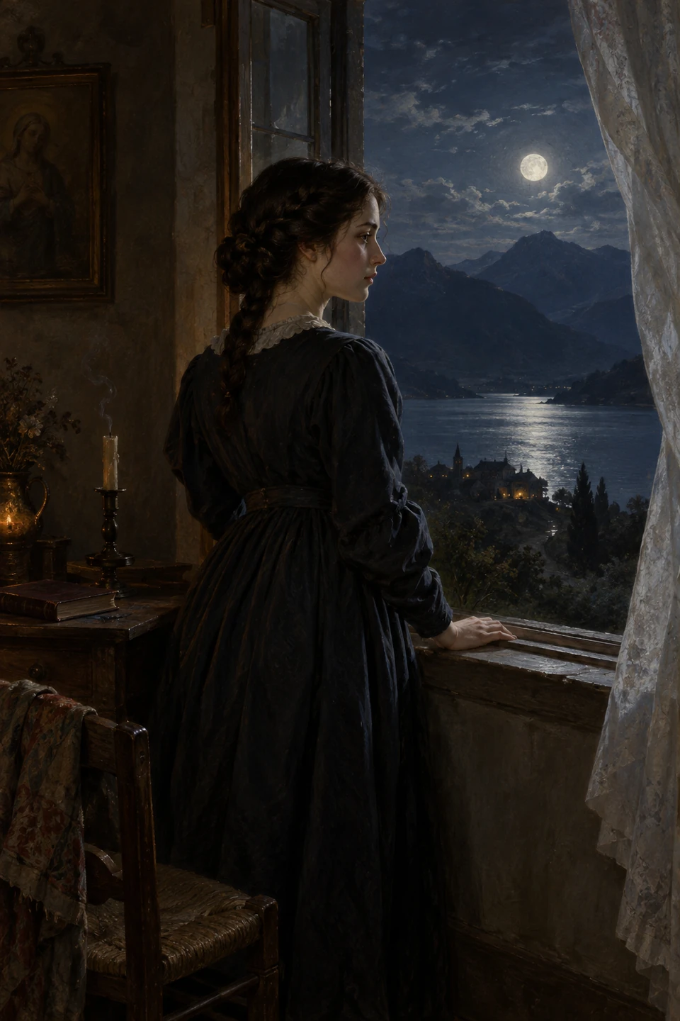 Eine Frau steht an einem geöffneten Fenster; draußen liegt ein Gebirgssee im Mondlicht, im Zimmer stehen ein Tisch, ein Buch und eine erloschene Kerze.