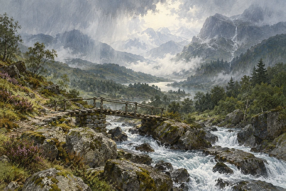 Eine schmale Holzbrücke führt über einen Bergbach; Felsen und bewaldete Hügel verlieren sich im Regen.