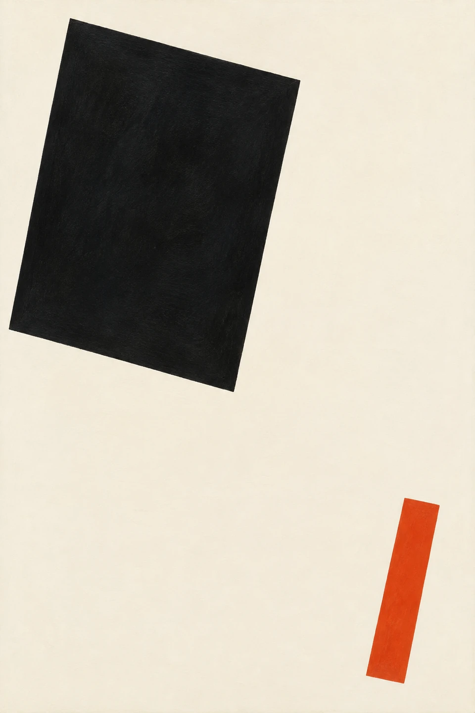 Großes leicht schräges schwarzes Viereck links oben und kleines orangefarbenes Rechteck rechts unten auf hellem Grund im Hochformat.