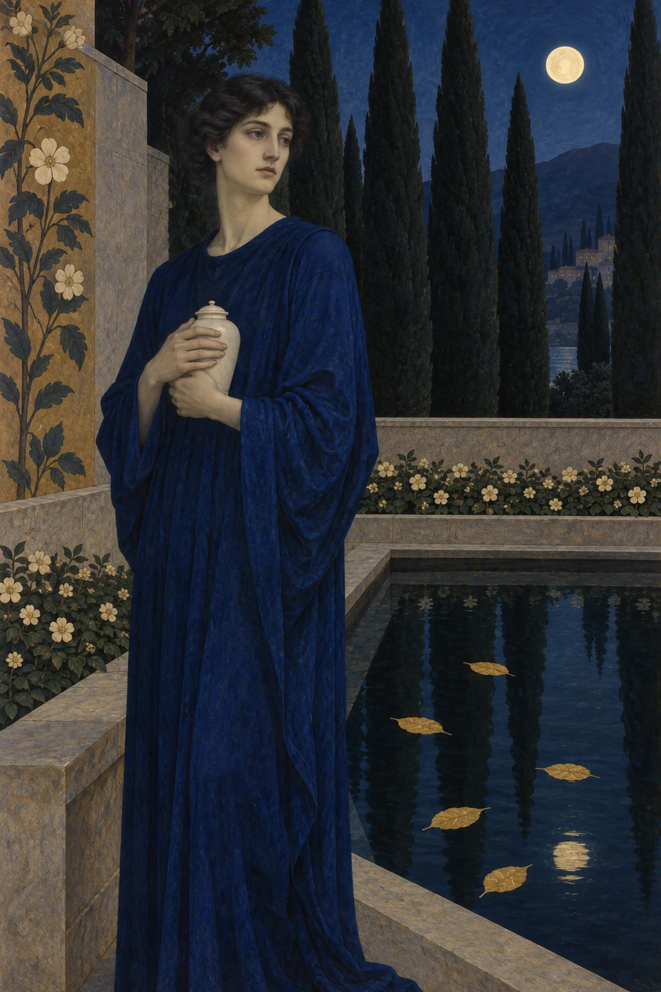 Eine erwachsene Person in blauem Gewand hält ein verschlossenes helles Gefäß neben einem dunklen Becken und schlanken Bäumen.
